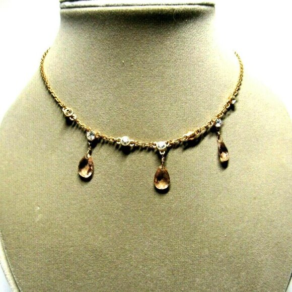 GIVENCHY Gold Tone Rhinestone Crystal Tear Drop Choker Necklace Safety Latch